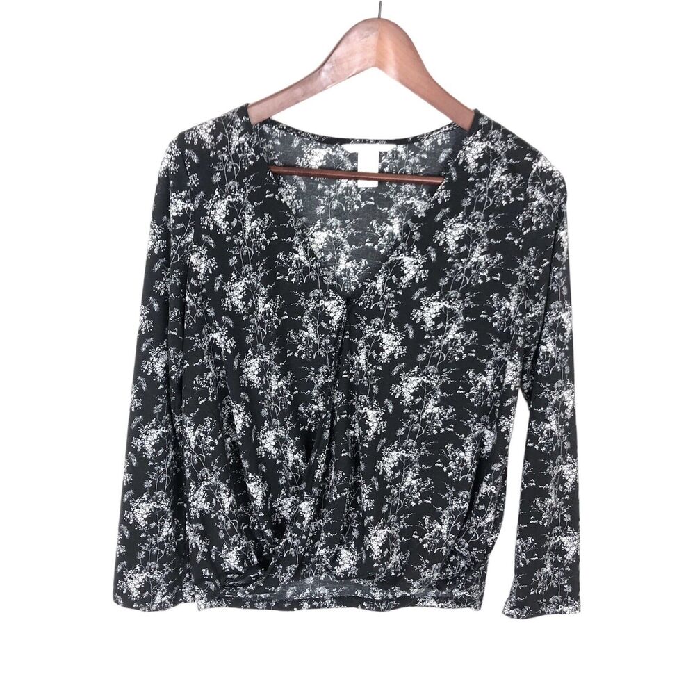 H&M Black White Floral Faux Wrap Shirt Top Women's Size XS